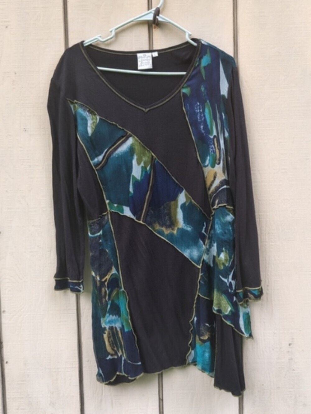 Parsley & Sage Black Teal Patchwork V-Neck Tunic Top Long Sleeve Asymmetrical